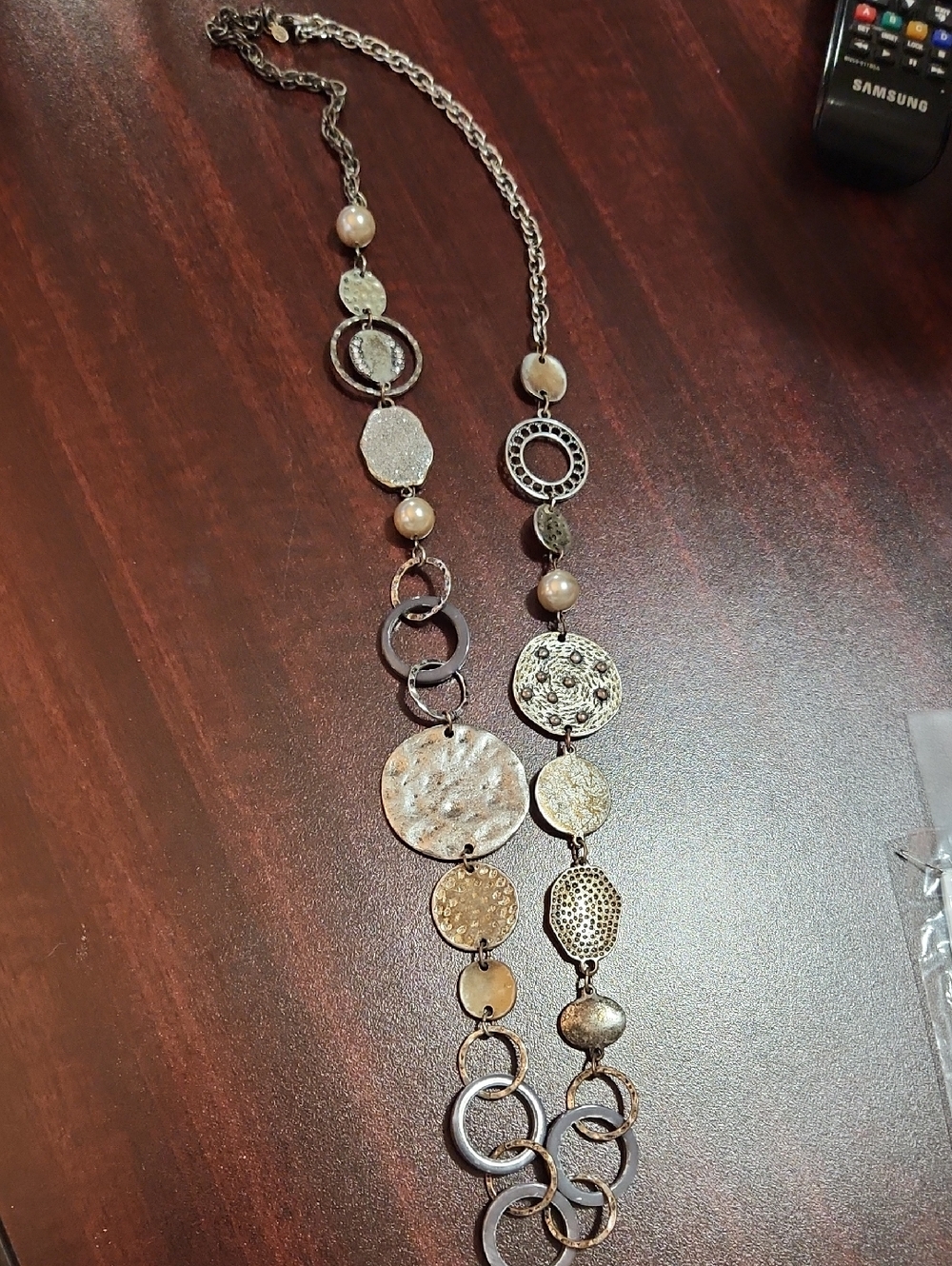 Premier Designs Mixed-Metal Textured Circle Long Necklace in Gold and Silver